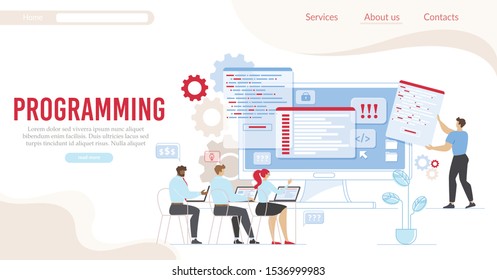 Programming and Coding Service Flat Landing Page. Cartoon People Office Workers Programmers Group Working on Laptop Developing Computer Languages. Technology and Network. Vector Illustration