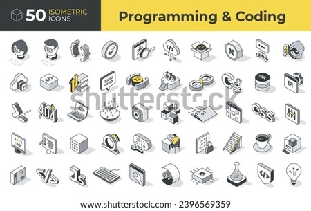 Programming and coding. Set of isometric icons. Represents wide range of information technology concepts with an focus on writing code, using programming languages, testing and developing software