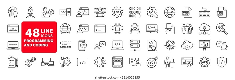 Programming coding set of web icons in line style. Software development icons for web and mobile app. Code, api, programmer, developer, information technology, coder and more. Vector illustration - Shutterstock ID 2314025155