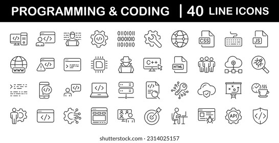 Programming coding set of web icons in line style. Software development icons for web and mobile app. Code, api, programmer, developer, information technology, coder and more. Vector illustration