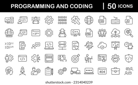 Programming coding set of web icons in line style. Software development icons for web and mobile app. Code, api, programmer, developer, information technology, coder and more. Vector illustration