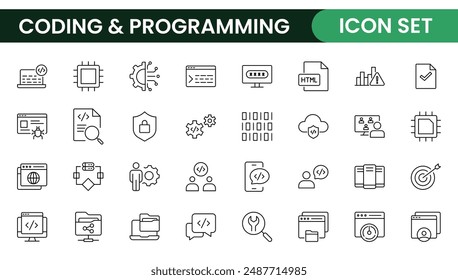 Programming coding set of web icons in line style. Software development icons for web and mobile app. Code, api, programmer, developer, information technology, coder and more.