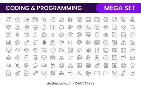 Programming coding set of web icons in line style. Software development icons for web and mobile app. Code, api, programmer, developer, information technology, coder and more.