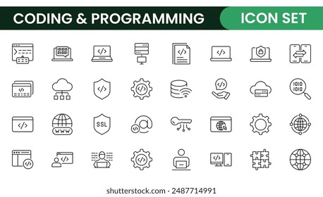 Conjunto de codificación de programación de iconos web en estilo de línea. Iconos de desarrollo de software para Web y App móvil. Código, api, programador, desarrollador, tecnología de la información, codificador y más.