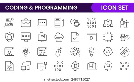 Programming coding set of web icons in line style. Software development icons for web and mobile app. Code, api, programmer, developer, information technology, coder and more.