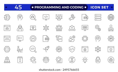 Conjunto de codificación de programación de iconos web en estilo de línea. Iconos de desarrollo de software para Web y App móvil. Código, api, programador, desarrollador, tecnología de la información, colección de iconos de esquema del codificador.
