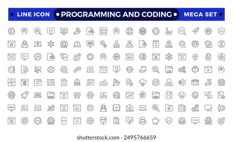 Programming coding set of web icons in line style. Software development icons for web and mobile app. Code, api, programmer, developer, information technology, coder outline icon collection.
