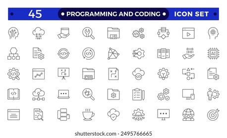 Programmierung von Codesatz von Web-Icons im Linienstil. Softwareentwicklungssymbole für Web und mobiles App. Programmcode, API, Programmierer, Entwickler, Informationstechnologie, Kollektion der Codeumrisse.
