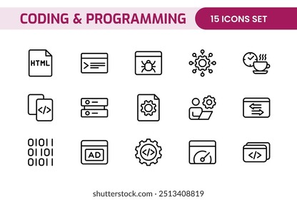 Programming coding set of web icons in line style. Software development icons for web and mobile app. Code, api, programmer, developer, information technology, coder and more.
