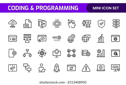 Programming coding set of web icons in line style. Software development icons for web and mobile app. Code, api, programmer, developer, information technology, coder and more.