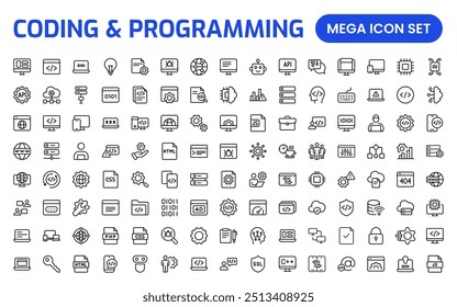 Programming coding set of web icons in line style. Software development icons for web and mobile app. Code, api, programmer, developer, information technology, coder and more.
