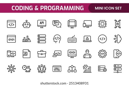 Programming coding set of web icons in line style. Software development icons for web and mobile app. Code, api, programmer, developer, information technology, coder and more.