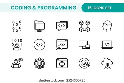 Programming coding set of web icons in line style. Software development icons for web and mobile app. Code, api, programmer, developer, information technology, coder and more.