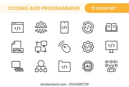 Conjunto de códigos de programação de ícones da Web em estilo de linha. Ícones de desenvolvimento de software para aplicativos móveis e da Web. Código, api, programador, desenvolvedor, tecnologia da informação, codificador e muito mais.