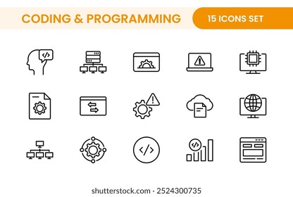 Conjunto de códigos de programação de ícones da Web em estilo de linha. Ícones de desenvolvimento de software para aplicativos móveis e da Web. Código, api, programador, desenvolvedor, tecnologia da informação, codificador e muito mais.
