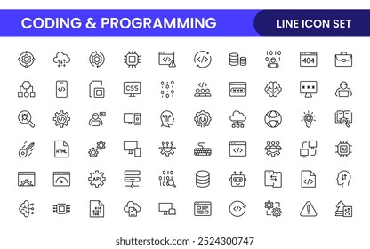 Programmierung Codierung Satz von Web-Icons im Linienstil. Software-Entwicklungssymbole für Web- und mobile Apps. Code, API, Programmierer, Entwickler, Informationstechnologie, Codierer und mehr.