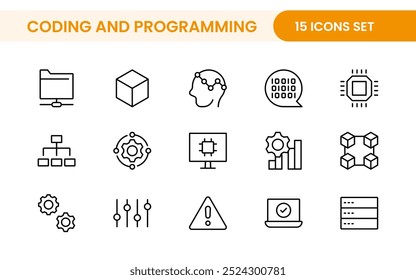 Conjunto de códigos de programação de ícones da Web em estilo de linha. Ícones de desenvolvimento de software para aplicativos móveis e da Web. Código, api, programador, desenvolvedor, tecnologia da informação, codificador e muito mais.