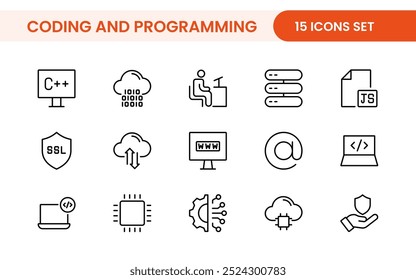 Programming coding set of web icons in line style. Software development icons for web and mobile app. Code, api, programmer, developer, information technology, coder and more.