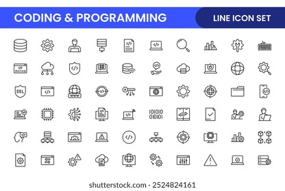 Programmierung Codierung Satz von Web-Icons im Linienstil. Software-Entwicklungssymbole für Web- und mobile Apps. Code, API, Programmierer, Entwickler, Informationstechnologie, Codierer und mehr.