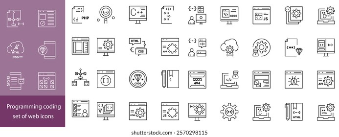 Programming coding set of web icons in line style. Software development icons for web and mobile app. Code, api, programmer, developer, information technology, coder outline icon collection.