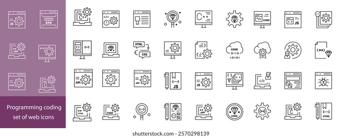 Programming coding set of web icons in line style. Software development icons for web and mobile app. Code, api, programmer, developer, information technology, coder outline icon collection.