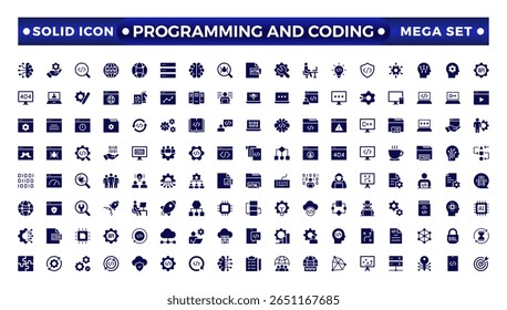 Programming coding set of web icons in solid style. Software development icons for web and mobile apps. Code, api, programmer, developer, information technology, code,r solid icon collection.
