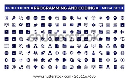 Programming coding set of web icons in solid style. Software development icons for web and mobile apps. Code, api, programmer, developer, information technology, code,r solid icon collection.
