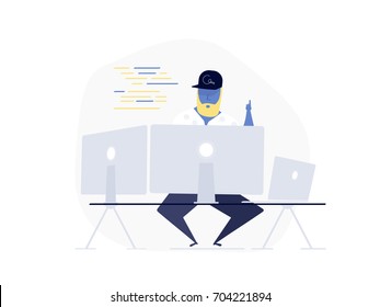 Programming, coding, soft development concept - programmer working writing code at his big desk with multiple displays and laptop computer. Design UI / UX Cartoon Elements For Web Construction.