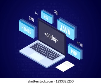 Programming, coding and software concept. Laptop with virtual screens and programs code. Vector 3d isometric illustration.