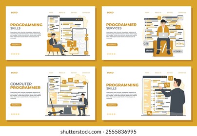 Programming, coding, software development landing page templates for website web page Vector illustration