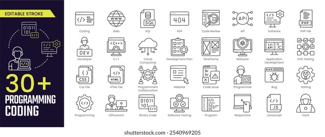 Programando coleções de ícones de traçado de codificação. Contendo desenvolvedor, programação, codificação, código, css, tecnologia, dados, script e mais ícones. Ícone de traçado editável coleção Ícone de estrutura de tópicos