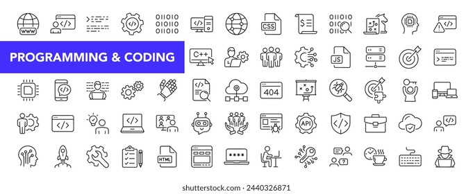 Programación de codificación y conjunto de iconos de éxito con trazo editable. Colección de iconos de línea delgada de desarrollo de software. Ilustración de vector