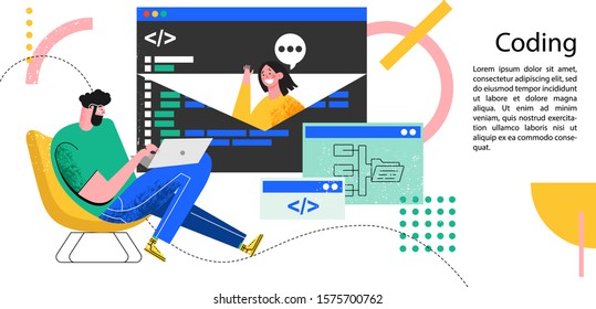 Programming and Coding Technology concept. Programmer fixing the problem, website under maintenance. Vector illustration on white background. Man and woman developing application.