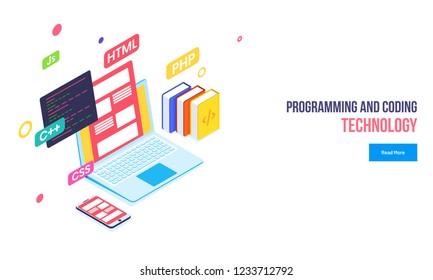 Programming and Coding Technology web banner design, Isometric laptop with different programing languages, books and smartphone illustration.