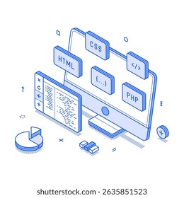 Programming coding testing computer software script development minimalist isometric vector illustration. Program code information technology cyberspace engineering digital network optimization