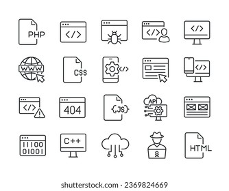 Programming coding thin line icons. For website marketing design, logo, app, template, ui, etc. Vector illustration.