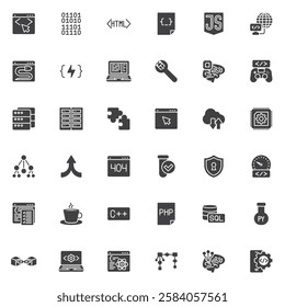 Programming and coding vector icons set, modern solid symbol collection, filled style pictogram pack. Signs, logo illustration. Set includes icons as Code Editor, HTML Tag, Database, Server Hosting