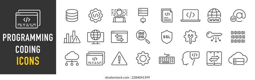 Programming and coding web icons in line style. Information technology, developer, idea, advertising, app, archive, collection. Vector illustration.