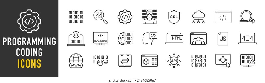 Programming and Coding web icons in line style. Software, development, legal, cloud computing, programmer, data, collection. Vector illustration.