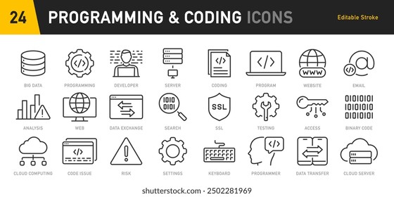 Programming and coding web icons in line style. Information technology, developer, idea, advertising, app, archive, collection. Vector illustration.