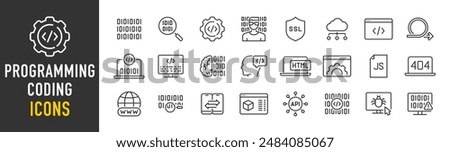 Programming and Coding web icons in line style. Software, development, legal, cloud computing, programmer, data, collection. Vector illustration.