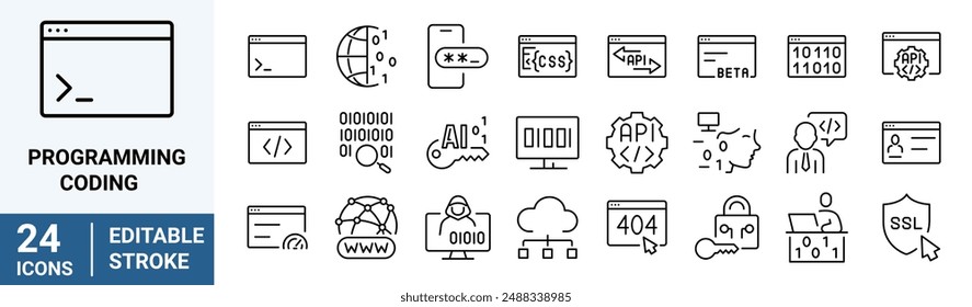 Programming Coding web line icons. Software, development, legal, cloud computing, programmer, data, collection. Vector illustration.