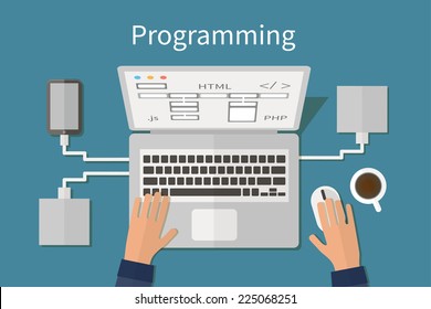 Programming and coding, website development, web design. Flat vector illustration