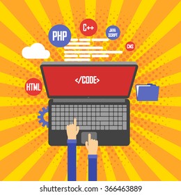 Programming and coding, website development, web design. Flat vintage retro vector illustration