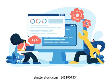 Programming and coding, website, webpage optimization. Back end development, software development process, backend app developer concept. Vector isolated concept creative illustration