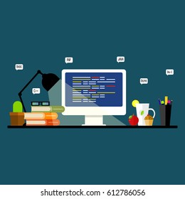 Programming and coding. Workplace of the programmer. Vector flat illustration.
