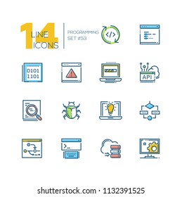 Programming - colorful thin line design icons set. Coding, browser page, binary code, laptop battery, search, antivirus, bright idea, cloud computing, server, website map. Technology concept