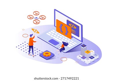 Conceito isométrico 3d da empresa de programação com design de pessoas de isometria para web. A equipe de codificadores desenvolve um novo projeto de ti, criando software no laptop, codificando e testando aplicativos. Ilustração vetorial.