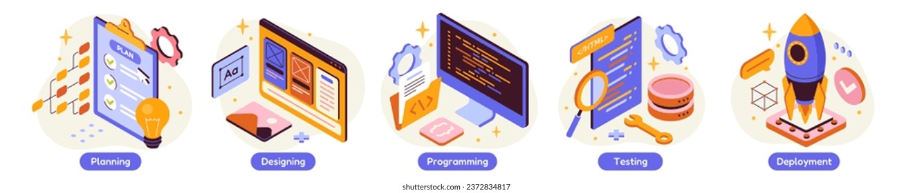 Programming company banner or web template design. Computer software and programs planning, designing, programming, testing, optimizing, launching product. Set of Vector illustrations for landing page