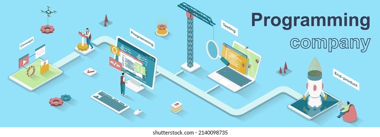 Banner isométrico 3d de concepto de empresa de programación. Las personas desarrollan software y programas, escriben código, prueban, optimizan y lanzan el producto. Ilustración vectorial para el diseño de páginas de aterrizaje y plantillas web